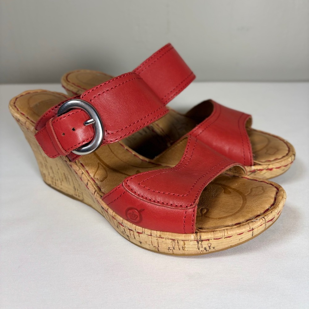 Born Womens Red Leather Cork Wedge Sandals Buckle Slide Shoes Size 7